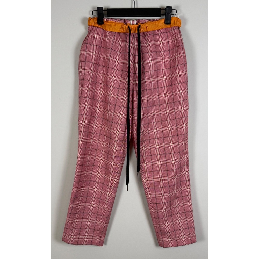 Marni Pink Plaid Trousers Orange Elastic Waistband Made in Italy Straight Leg